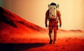 Spaceman walks on the red planet Mars. Space Mission. Astronaut travel in space. Generative AI Royalty Free Stock Photo