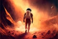 Spaceman walks on the red planet Mars. Space Mission. Astronaut travel in space. Generative AI Royalty Free Stock Photo