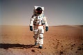 Spaceman walks on the red planet Mars. Space Mission. A man in a space suit walking across a desert, generative ai Royalty Free Stock Photo