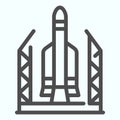 Spaceport line icon. Base for spacecraft with rocket launch. Space exploration design concept, outline style pictogram