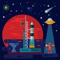 Spaceport, rocket, ufo and robot