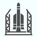 Spaceport solid icon. Base for spacecraft with rocket launch. Space exploration design concept, glyph style pictogram on