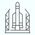 Spaceport thin line icon. Base for spacecraft with rocket launch. Space exploration design concept, outline style
