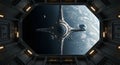 Futuristic Spaceship Docking at Space Station Observatory, Viewing Earth and Asteroids Royalty Free Stock Photo