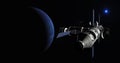 Spaceship arriving at Neptune, space mission to the unknown planet Royalty Free Stock Photo