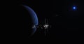 Spaceship arriving at Neptune, space mission to the unknown planet Royalty Free Stock Photo