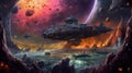 A spaceship battle over a fantastical planet. Fantasy concept , Illustration painting