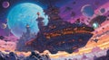 A spaceship battle over a fantastical planet. Fantasy concept , Illustration painting