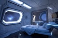spaceship bedroom with futuristic console and starry night sky visible through the window
