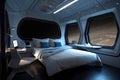 spaceship bedroom with futuristic console and starry night sky visible through the window