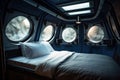 spaceship bedroom, with view of the galaxy visible through the window