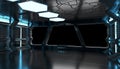 Spaceship blue interior with empty window 3D rendering elements