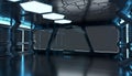 Spaceship blue interior with empty window 3D rendering elements Royalty Free Stock Photo