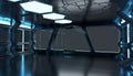 Spaceship blue interior with empty window 3D rendering elements