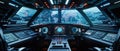 Spaceship cabin interior, cockpit with computer screens and dashboard, futuristic command room of spacecraft. Concept of sci-fi,