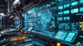 Spaceship cabin interior, futuristic cockpit with computer screens and control panels. Inside command room of spacecraft with Royalty Free Stock Photo