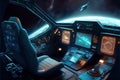 Spaceship cockpit interior, spacecraft control room, generative AI Royalty Free Stock Photo