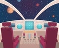 Spaceship cockpit. Shuttle inside interior with dashboard panel vector illustration in cartoon style