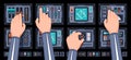 Spaceship control panel with hands of pilots Royalty Free Stock Photo
