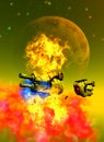 Spaceship is exploding near a planet inside a nebula, 3d illustration Royalty Free Stock Photo