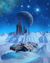 Spaceship that explores the surface of a frozen alien planet looking for a wreck, 3d illustration