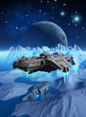 Spaceship that explores the surface of a frozen alien planet looking for a wreck, 3d render