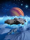 Spaceship that explores the surface of the frozen moon Europa, around jupiter planet, looking for a wreck, 3d render Royalty Free Stock Photo