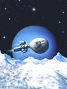 Spaceship exploring an alien planet with mountains, ice and snow, 3d illustration Royalty Free Stock Photo