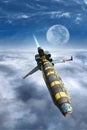 Spaceship fighter above a cloud sky Royalty Free Stock Photo