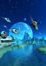 Spaceship fleet invading a alien planetary system, 3d rendering Royalty Free Stock Photo