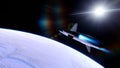 Spaceship flies near exoplanet, spaceship of the future in space, ufo, spaceship in space 3d render