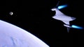 Spaceship flies near exoplanet, spaceship of the future in space, ufo, spaceship in space 3d render