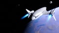 Spaceship flies near exoplanet, spaceship of the future in space, ufo, spaceship in space 3d render