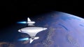 Spaceship flies near exoplanet, spaceship of the future in space, ufo, spaceship in space 3d render