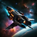 spaceship floating in space over a planet, generative ai illustration Royalty Free Stock Photo