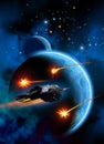 Spaceship flying around a planet with a moon, fighting with missiles, 3d illustration