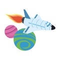 Spaceship flying around the space planets icon