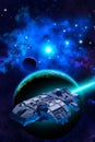 Spaceship flying near a blue planet with atmosphere and a moon, in the background a nebula with bright stars, 3d illustration Royalty Free Stock Photo