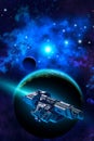 Spaceship flying near a blue planet with atmosphere and a moon, in the background a nebula with bright stars Royalty Free Stock Photo