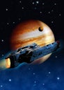 Spaceship flying near planet jupiter, 3d rendering