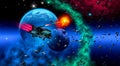 spaceship flying near a planetary system with a moon, asteroids and a nebula, 3d illustration