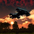 Spaceship flying over an alien planet with trees and plants, sunset with clouds, 3d illustration Royalty Free Stock Photo