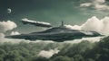 spaceship flying over the clouds A metallic gray spaceship with a rectangular shape and a laser cannon. The spaceship is leaving Royalty Free Stock Photo