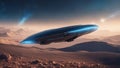 spaceship flying over the earth sleek and futuristic spaceship flies over a barren planet, leaving behind a trail of blue light. Royalty Free Stock Photo