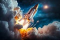 The spaceship takes off to fly on a mission. The beginning of the space flight. Strong flames from the engines. Royalty Free Stock Photo