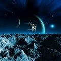 spaceship flying over a moon with mountains and rocks, two planets with atmosphere, a bright star and nebula, 3d illustration Royalty Free Stock Photo