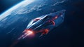 Spaceship flying over the planet. 3D rendering illustration. High resolution. Royalty Free Stock Photo