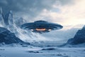 a spaceship flying over a snowy mountain