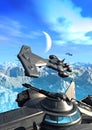 Spaceship flying in the sky on alien planet, 3d rendering