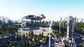 Spaceship in a futuristic city, town. The concept of the future. Aerial view. 3d rendering. Royalty Free Stock Photo